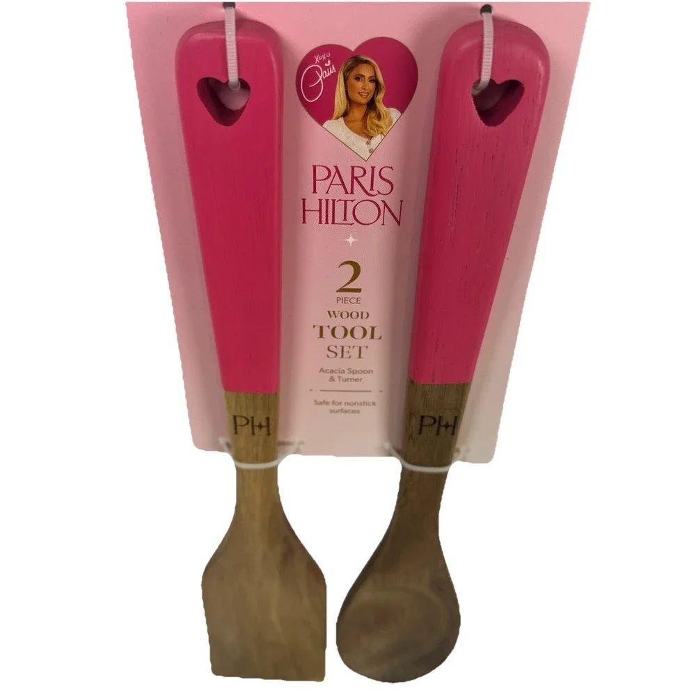 Paris Hilton 2 Pc Acacia Wood Tool Set Pink Spoon Turner Kitchen Utensils